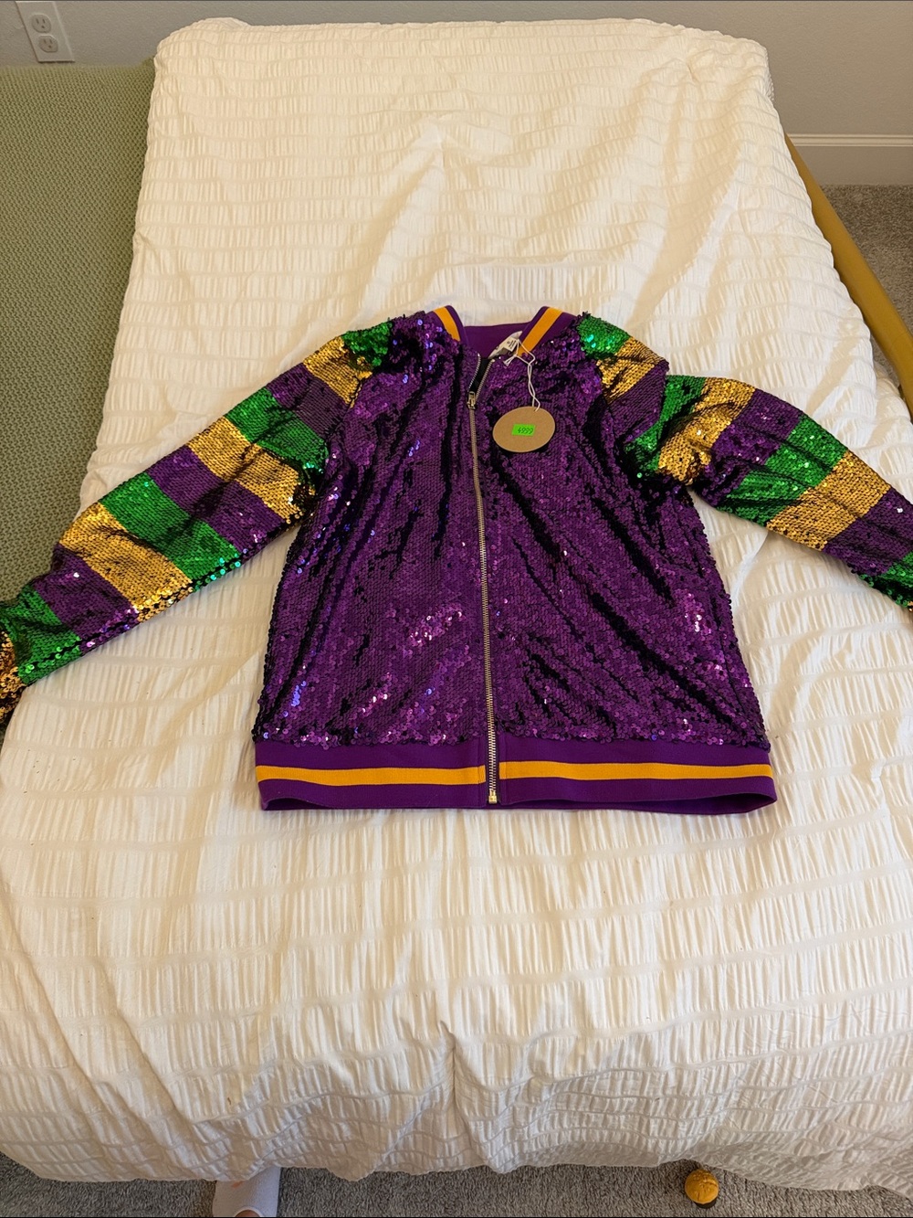 Girls Purple Sequin Bomber Jacket with Green & Gold Stripe Sleeves